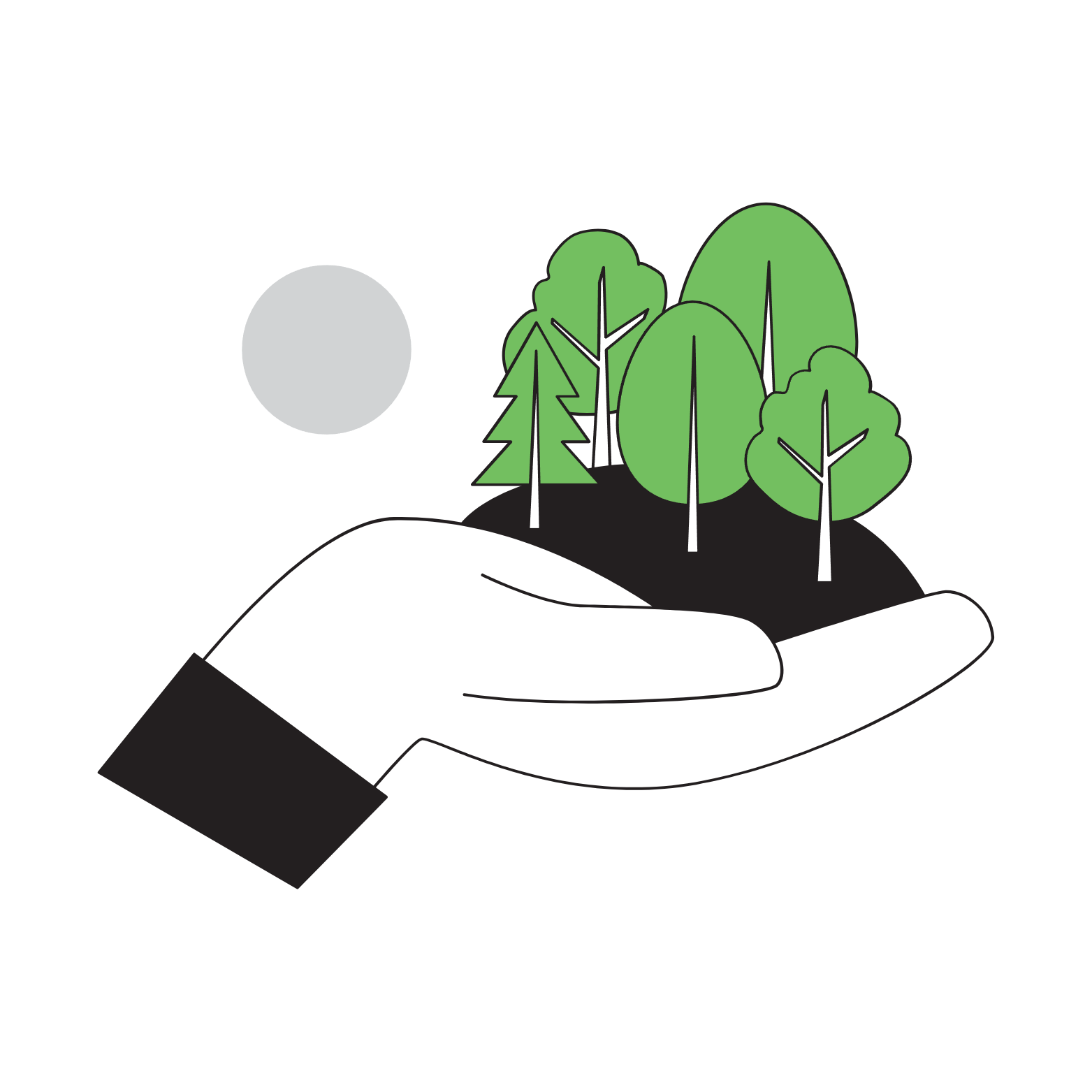L'image resprésente une main avec des arbres qui pousse dedans