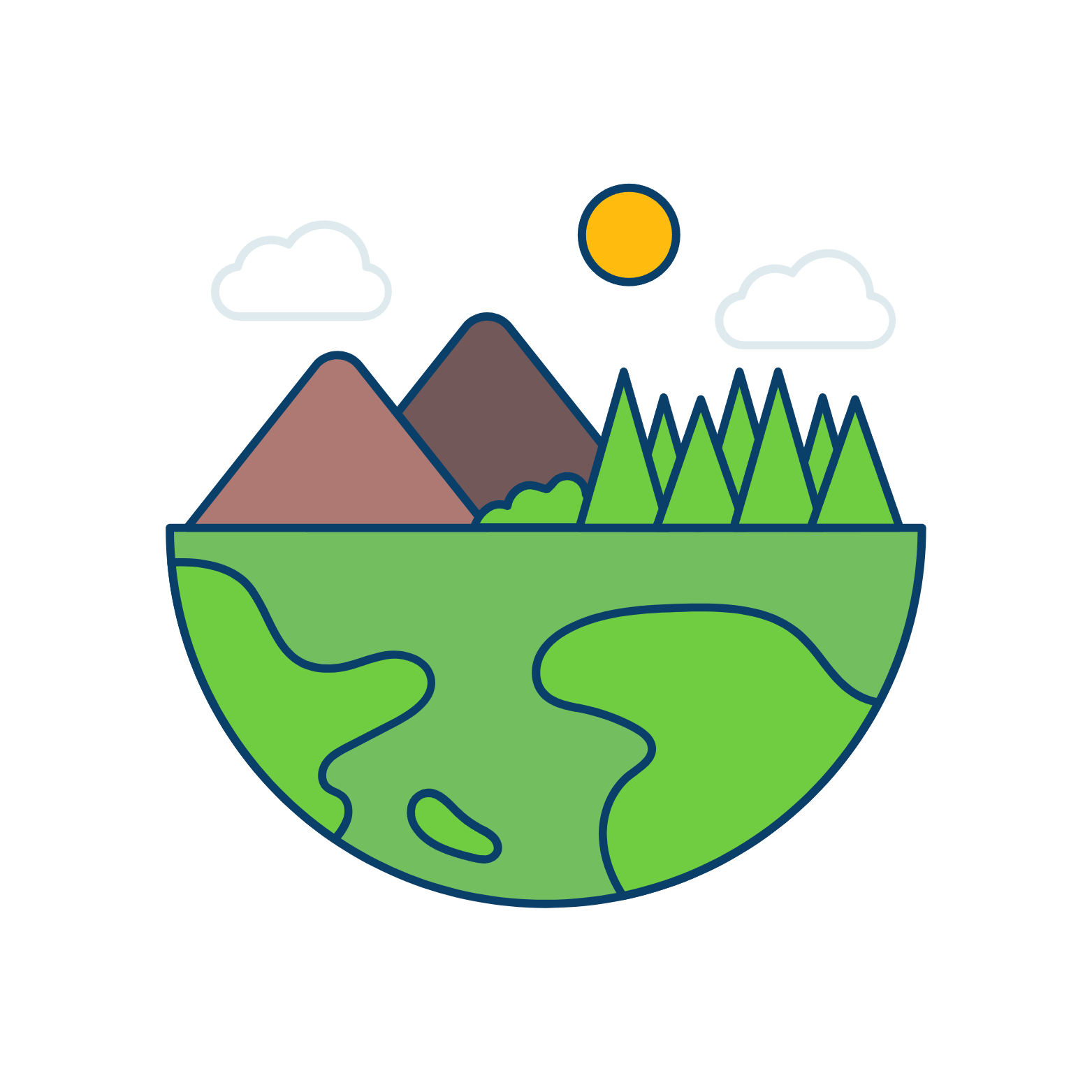 L'image resprésente une planète avec des arbres et montagnes
